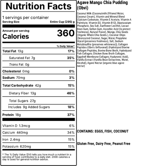 Nutrition facts label for Agave Mango Chia Pudding with detailed ingredient list on a white background.