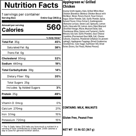 Nutrition facts label for Applegreen and grilled chicken salad