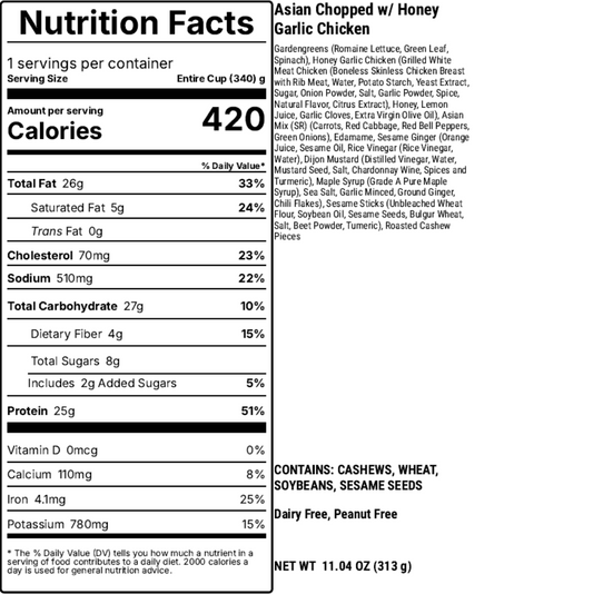 Nutrition facts label for Asian Chopped w/ Honey Garlic Chicken