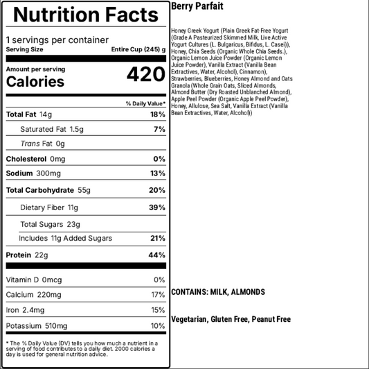 Nutrition facts label for a berry parfait, showing calories and nutritional content per serving.