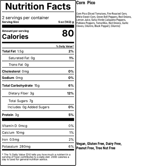 Nutrition facts label for a product named 'Corn Pico' with serving size, calories, and nutritional content details.