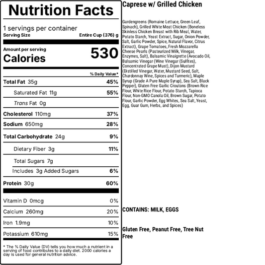 Nutrition facts for caprese with grilled chicken salad
