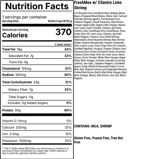 Nutrition facts label for Fresh Mex Cilantro Lime Shrimp dish