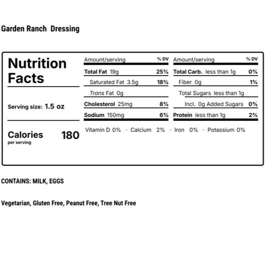 Nutrition facts label for Garden Ranch Dressing on a white background