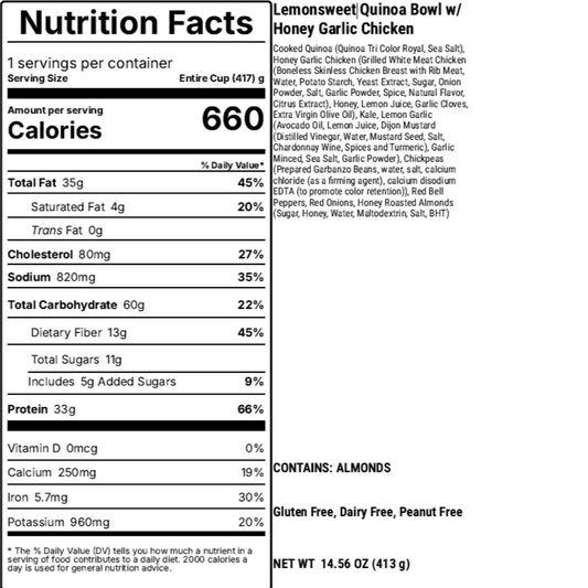 Lemonsweet Bowl with honey garliic chicken nutrition facts fresh ready to eat Gardencup