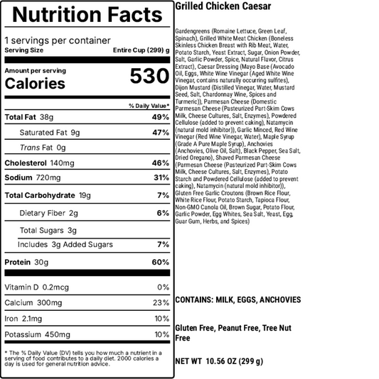 Nutrition facts label for Grilled Chicken Caesar salad on a white background