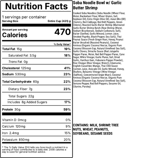 Nutrition facts label for a Soba Noodle Bowl with Garlic Butter Shrimp dish.