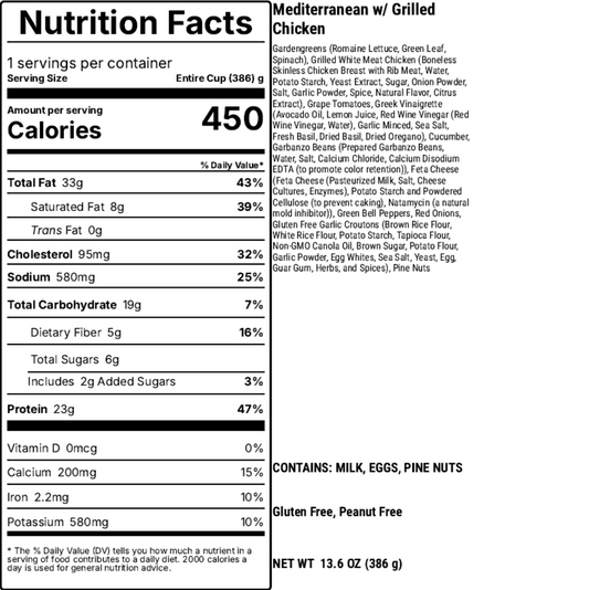 Nutrition facts label for a product with detailed information on calories, macronutrients, and ingredients.