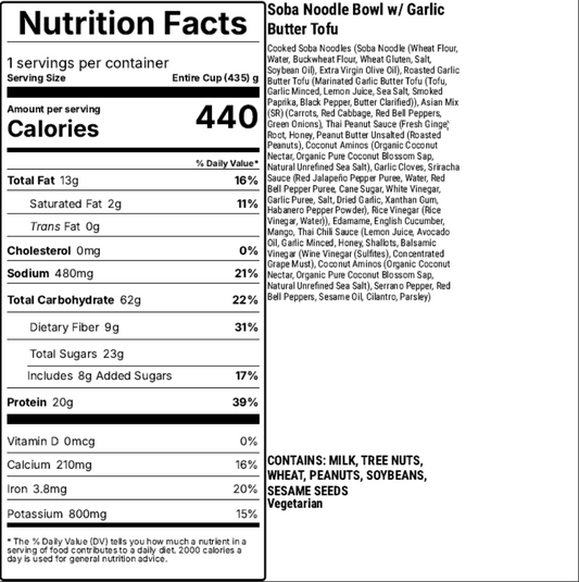Nutrition facts label for Soba Noodle Bowl with Garlic Butter Tofu