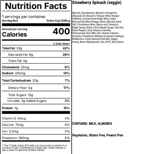 Nutrition facts label for a product with detailed information on calories, macronutrients, and ingredients.