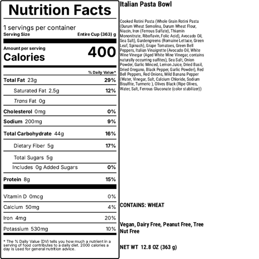 Nutrition facts label for a product labeled 'Italian Pasta Bowl'.
