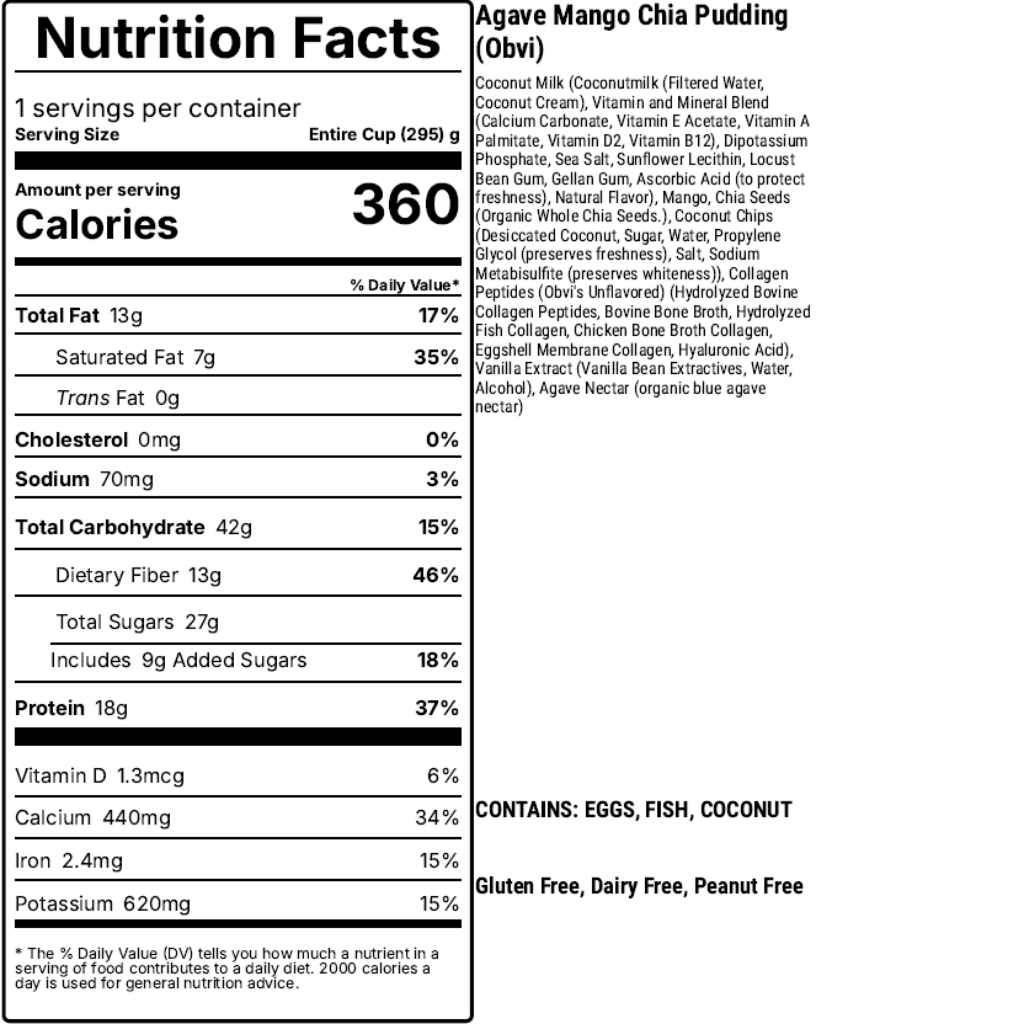 Nutrition facts label for Agave Mango Chia Pudding with detailed ingredient list on a white background.
