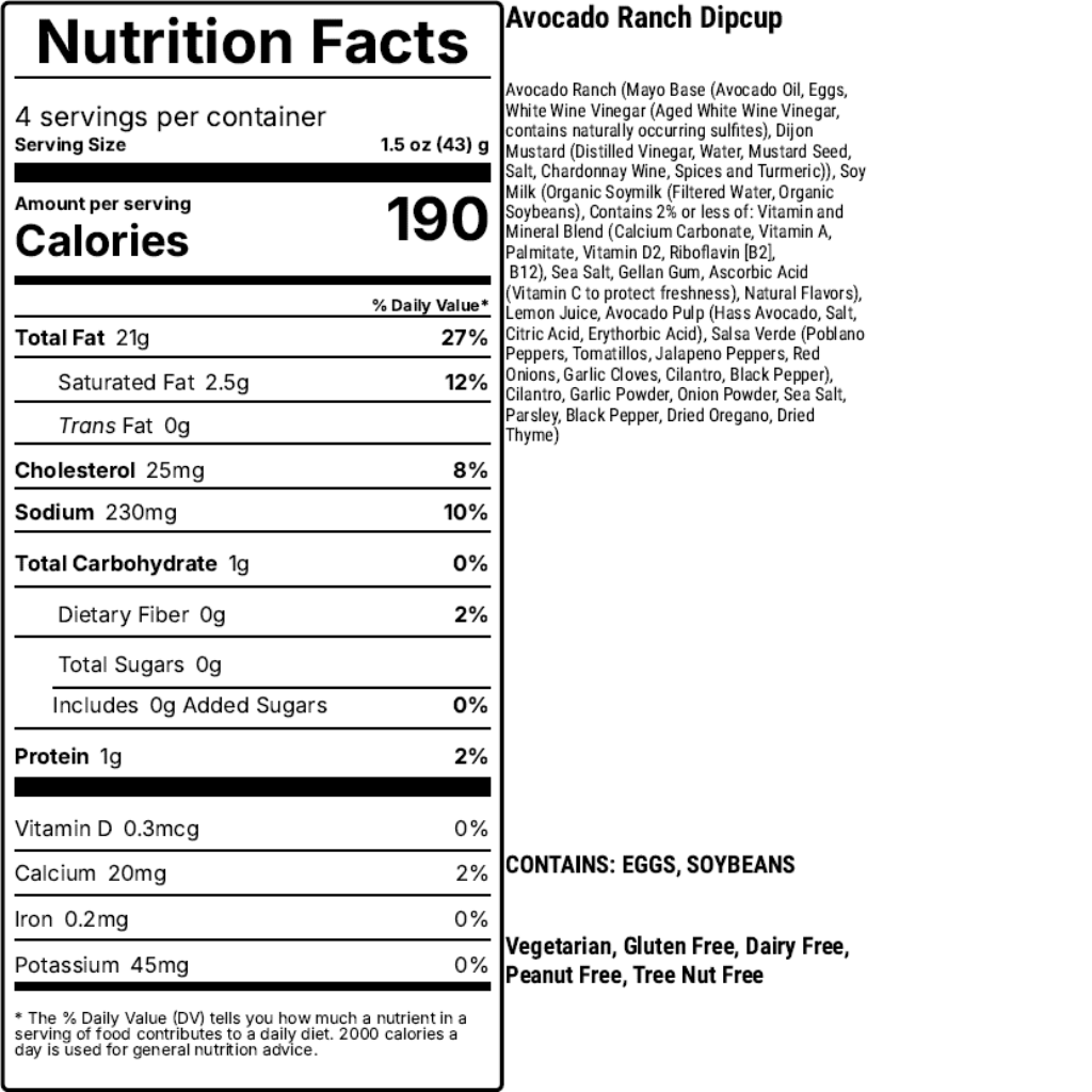 Nutrition facts label for Avocado Ranch Dipcup on a white background