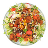 Colorful BBQ Chicken Ranch salad with chicken, vegetables, and dressing on a white plate