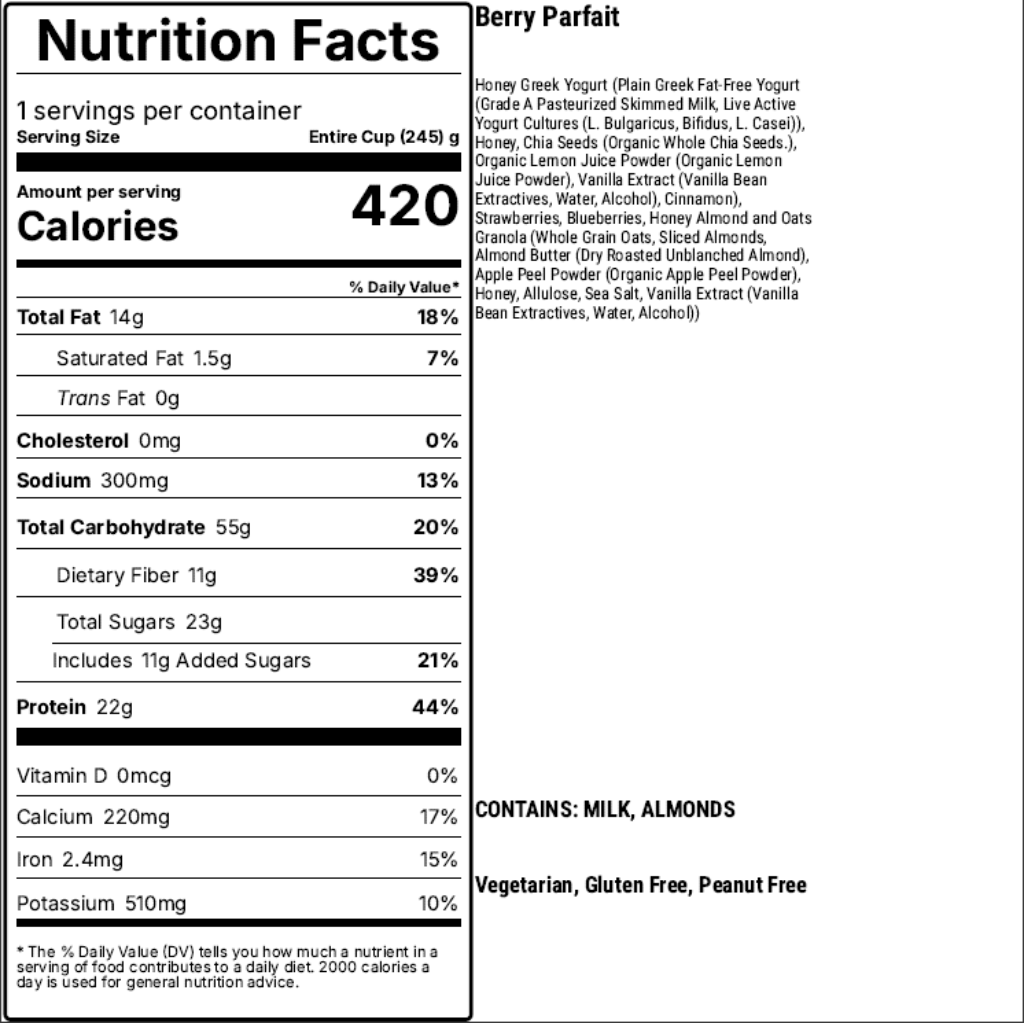 Nutrition facts label for a berry parfait, showing calories and nutritional content per serving.