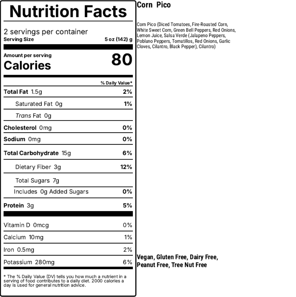 Nutrition facts label for a product named 'Corn Pico' with serving size, calories, and nutritional content details.