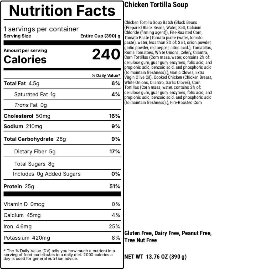 Nutrition Facts chicken Tortilla soup 