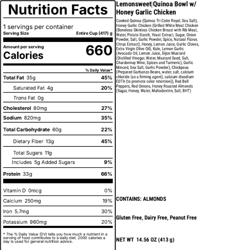 Lemonsweet Bowl with honey garliic chicken nutrition facts fresh ready to eat Gardencup