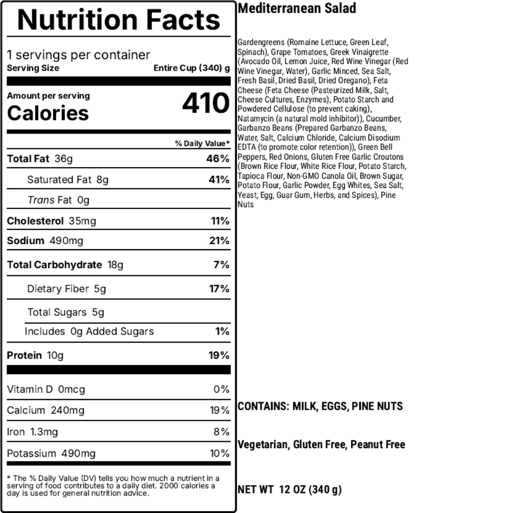Nutrition facts label for a Mediterranean salad, showing calories, macronutrients, and ingredients.