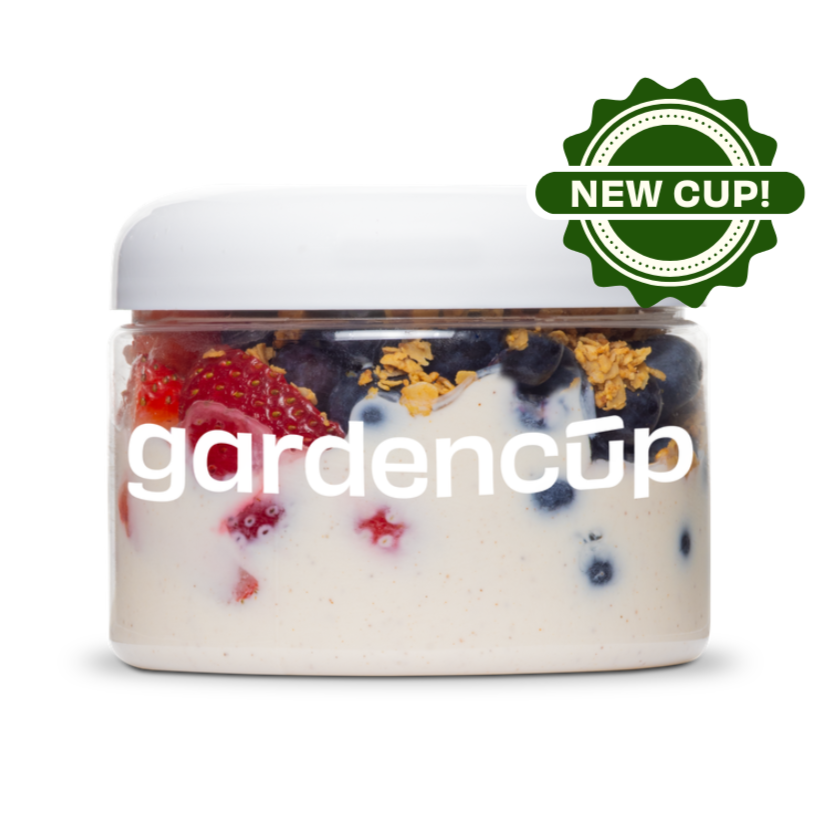 Gardencup snack cup of yogurt with berries and granola, labeled 'gardencup' and 'NEW CUP!'.