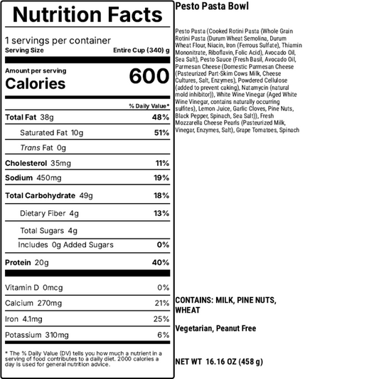 Nutrition facts label for a Pesto Pasta Bowl with detailed nutritional information.