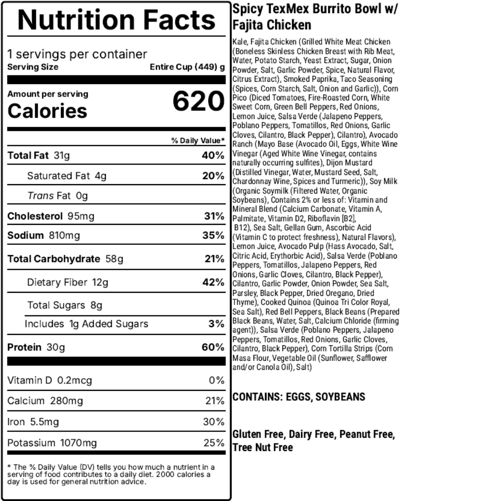 nutrition facts for spicy texmex bowl w chicken fresh ready to eat at Gardencup