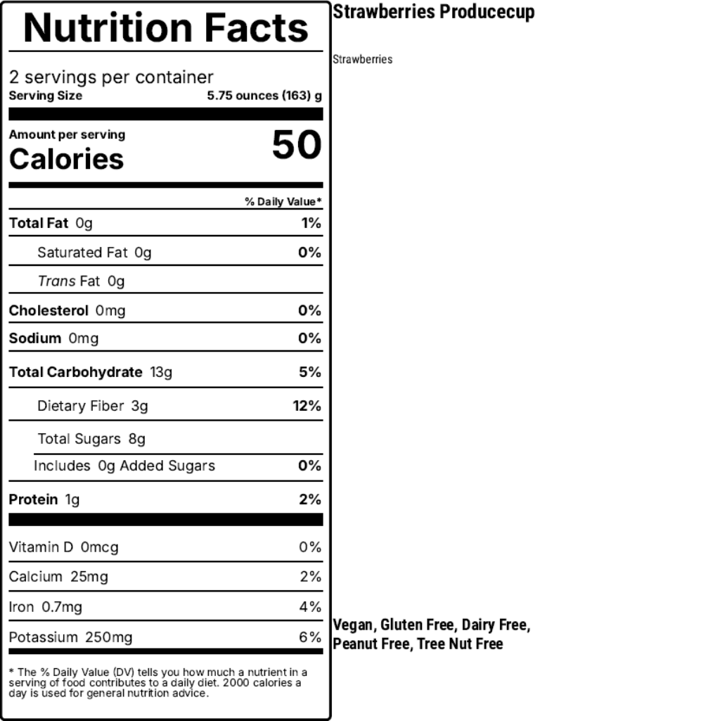Nutrition facts label for strawberries on a white background