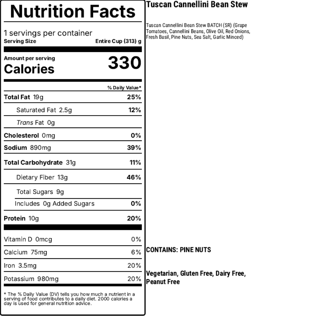 Nutrition facts label for Tuscan Cannellini Bean Stew on a white background