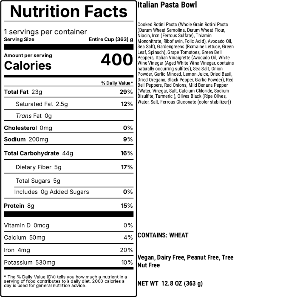 Nutrition facts label for a product labeled 'Italian Pasta Bowl'.