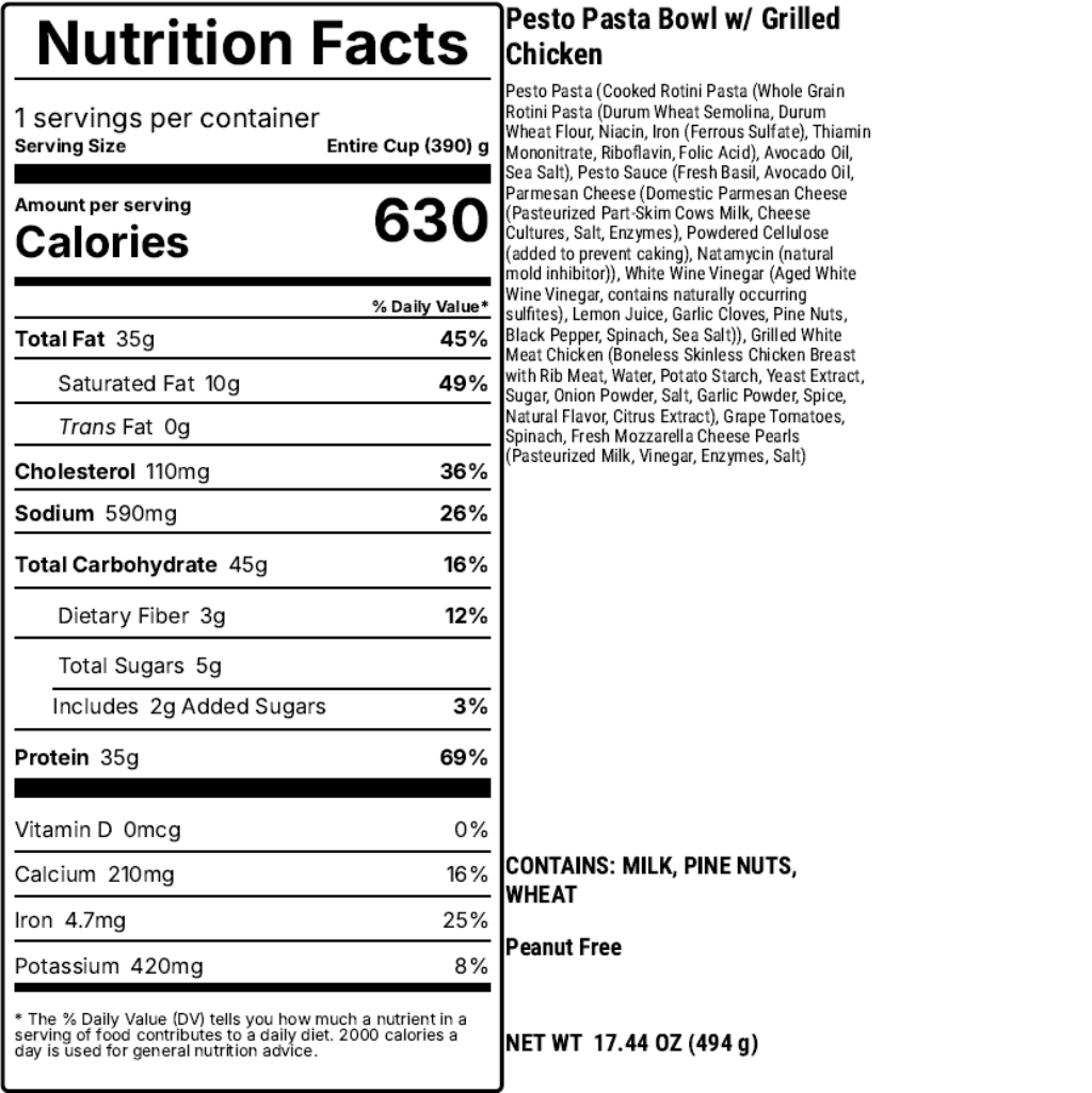 Nutrition facts label for a Pesto Pasta Bowl with Grilled Chicken